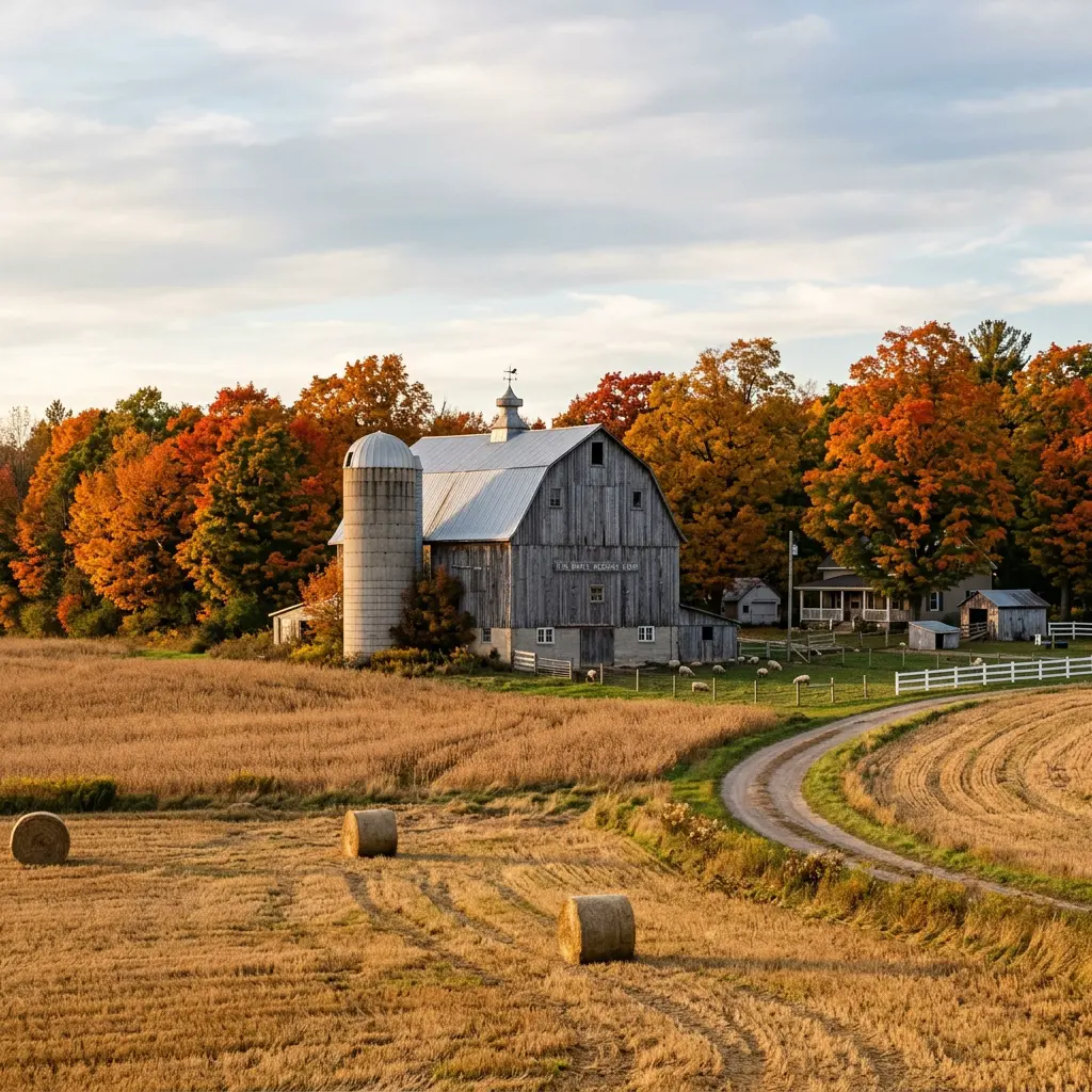 Rural Canadian farmstead with rustic barn among autumn-colored trees