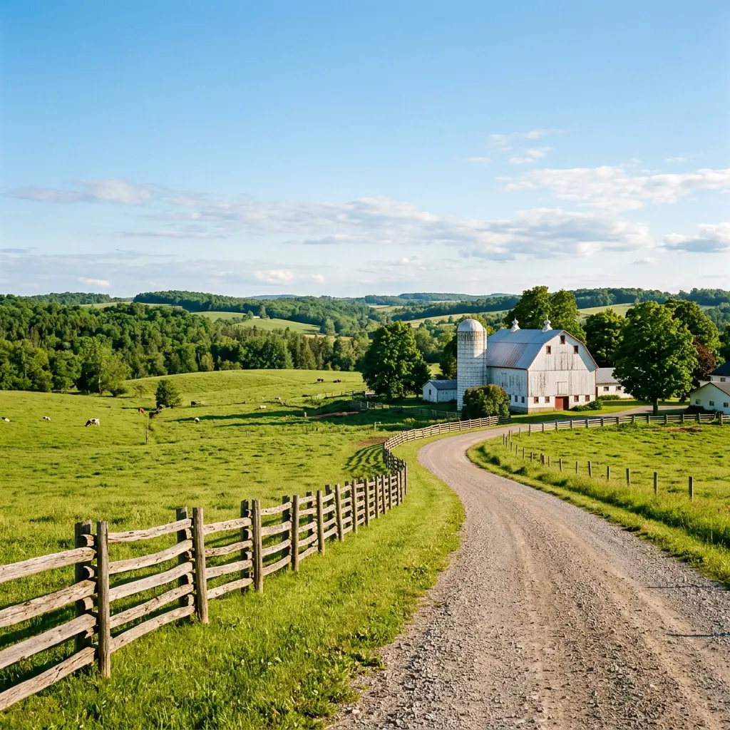 Rural Ontario landscape with white barn and country road